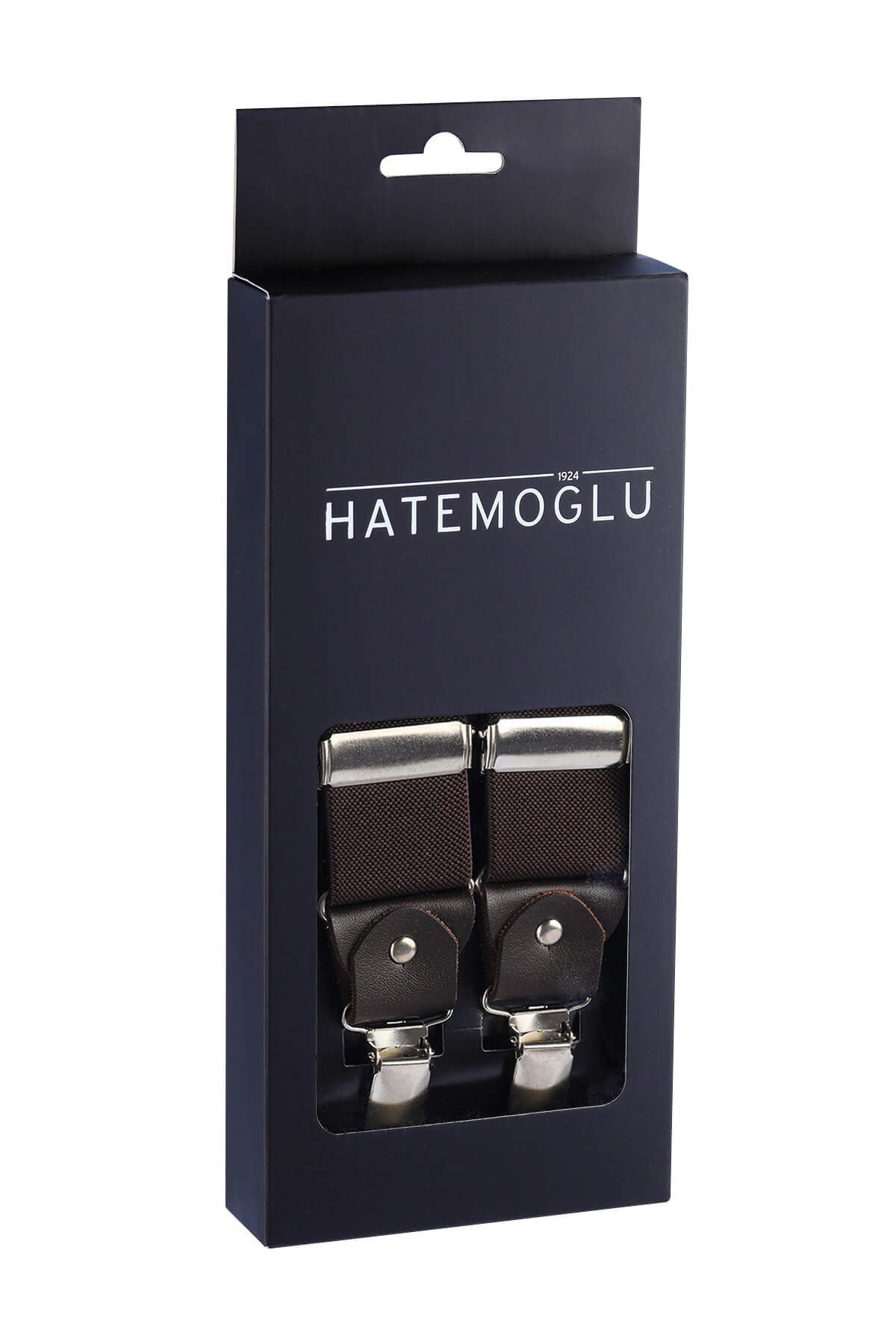Brown leather trim clip suspenders with dark brown textured fabric and silver hardware in black hatemoglu packaging