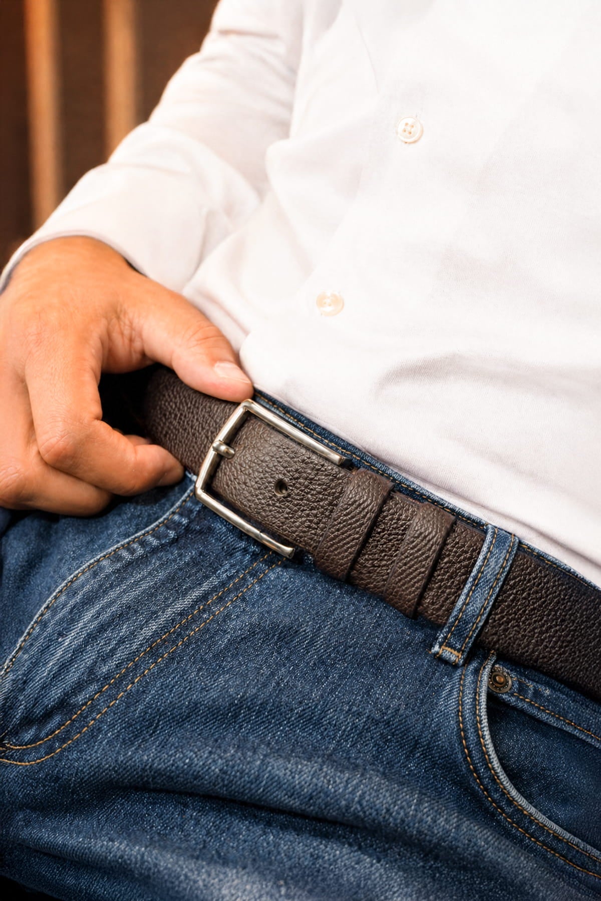 Brown sport faux leather belt with textured finish and silver toned rectangular buckle for casual wear