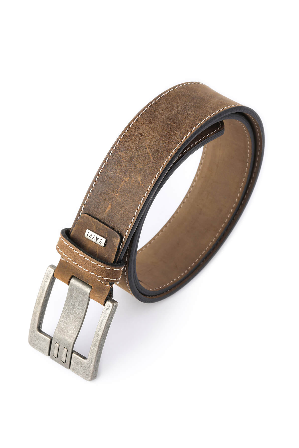 Brown leather belt with a silver-toned buckle and contrasting black stitching.