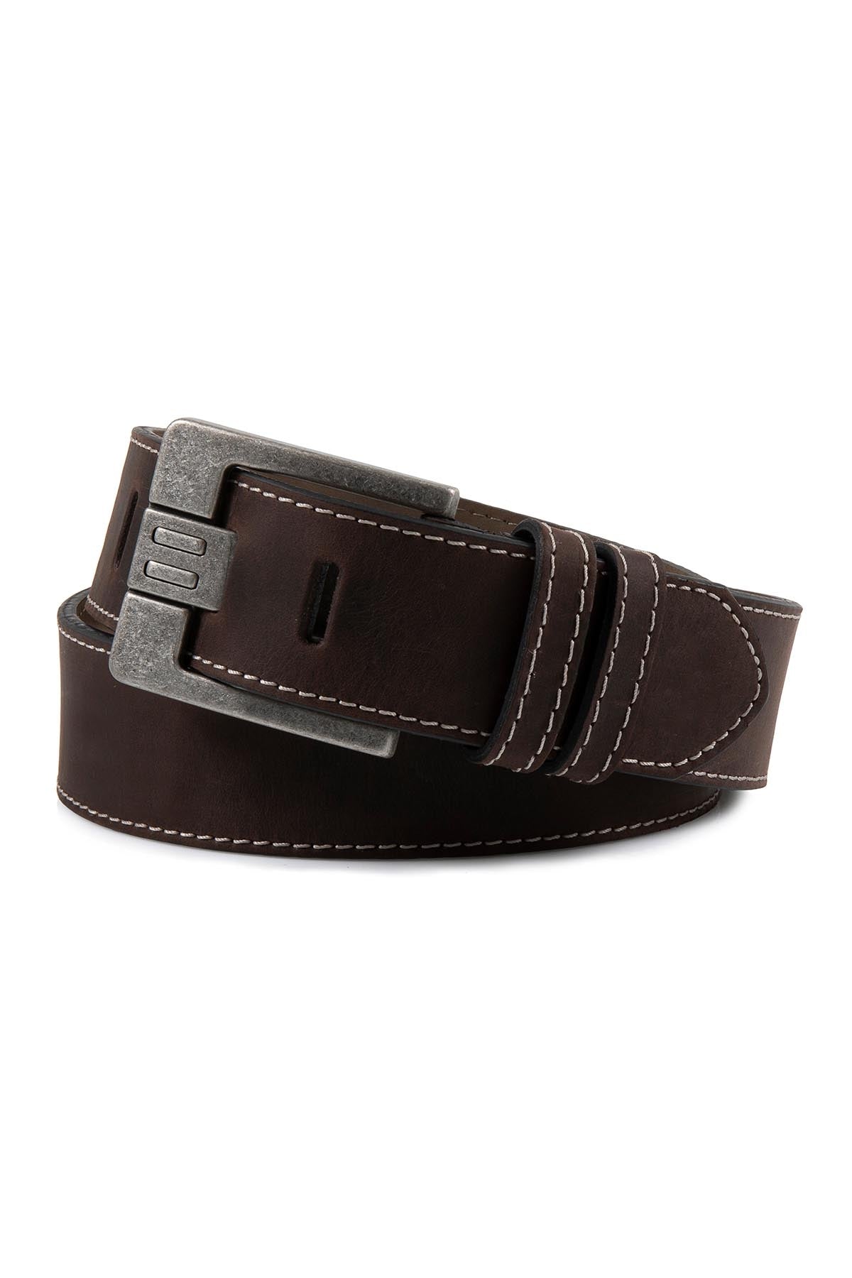 Dark brown leather belt with a silver-toned buckle and contrasting white stitching.