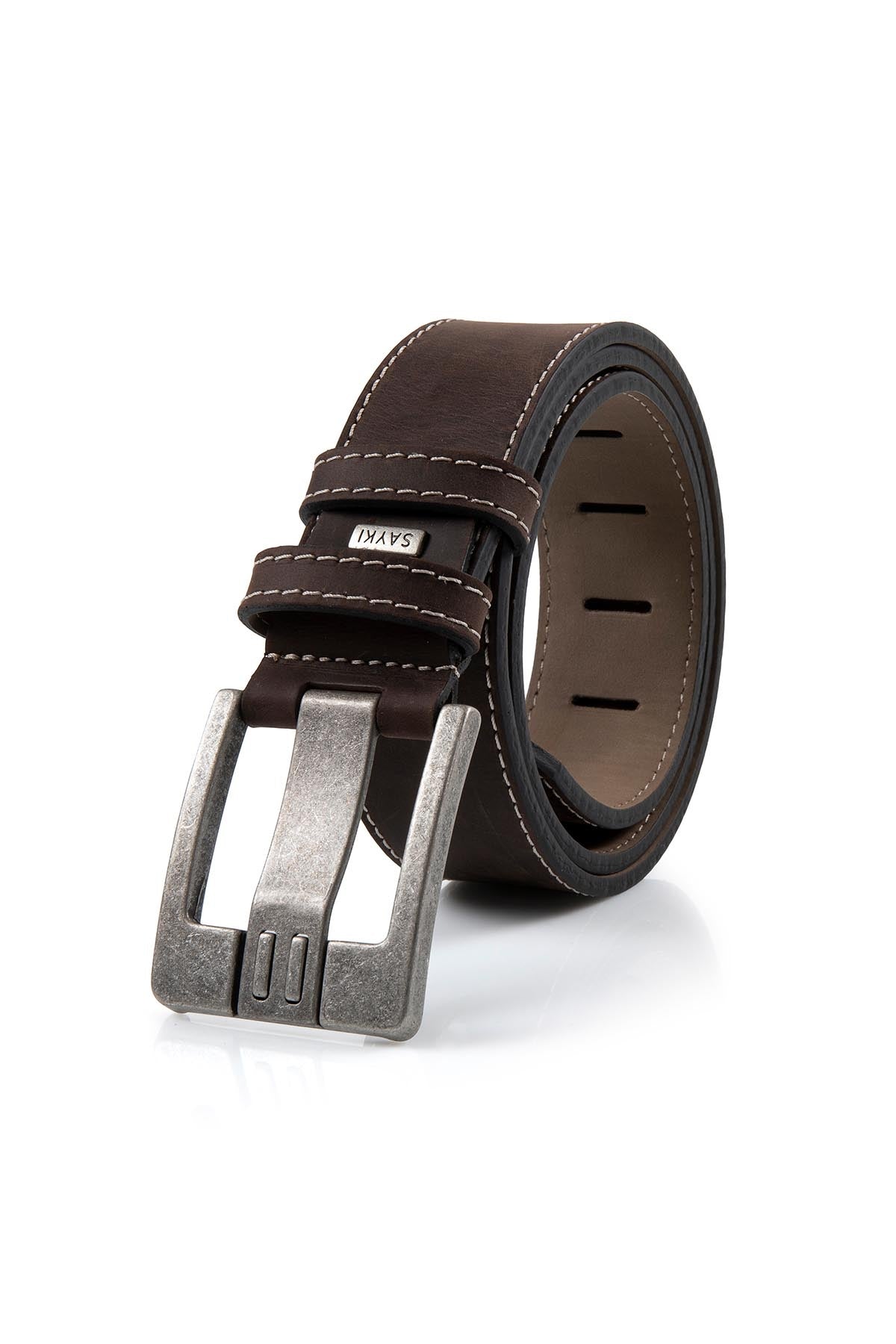 Dark brown leather belt with a silver-toned buckle and contrasting light stitching.