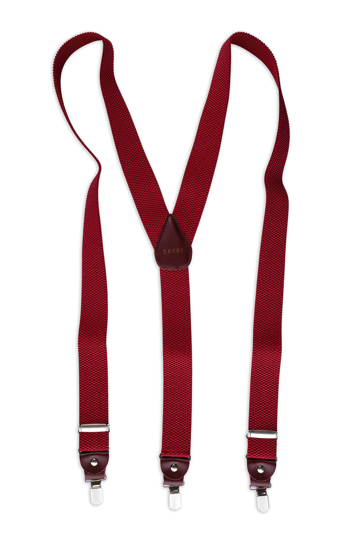 Red woven fabric suspenders with a dark brown leather y-back and metal clasps.