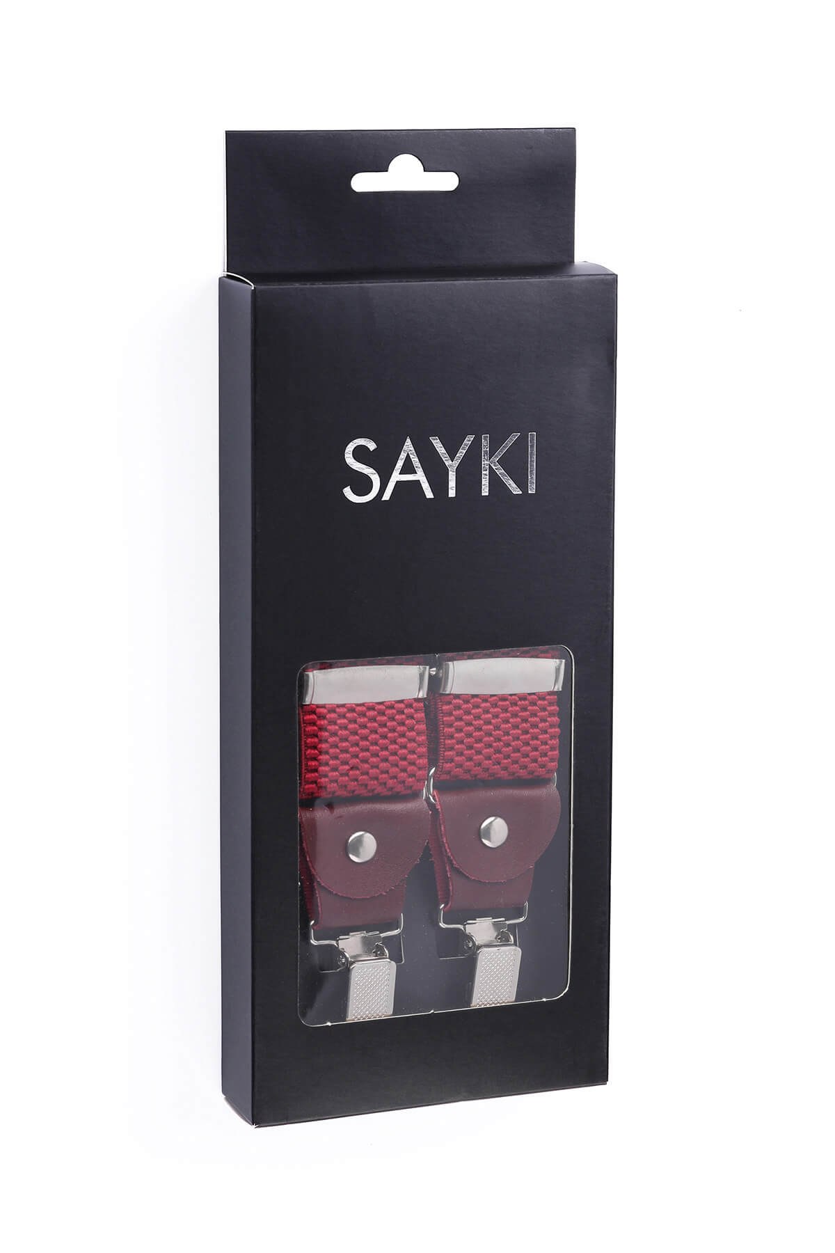 Red woven fabric suspenders with dark brown leather ends and silver-toned metal clasps, packaged in a black sayki brand box.