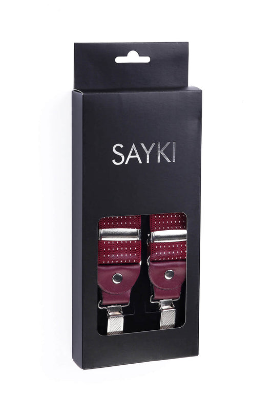 Burgundy suspenders with silver-toned metal clasps and adjustable straps, packaged in a black sayki branded box.