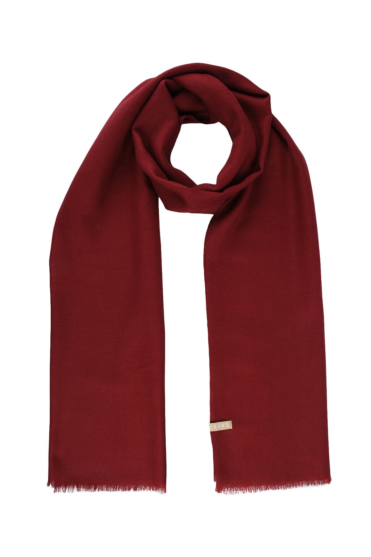 A rich burgundy cashmere scarf with a soft, luxurious texture and delicate fringed edges.