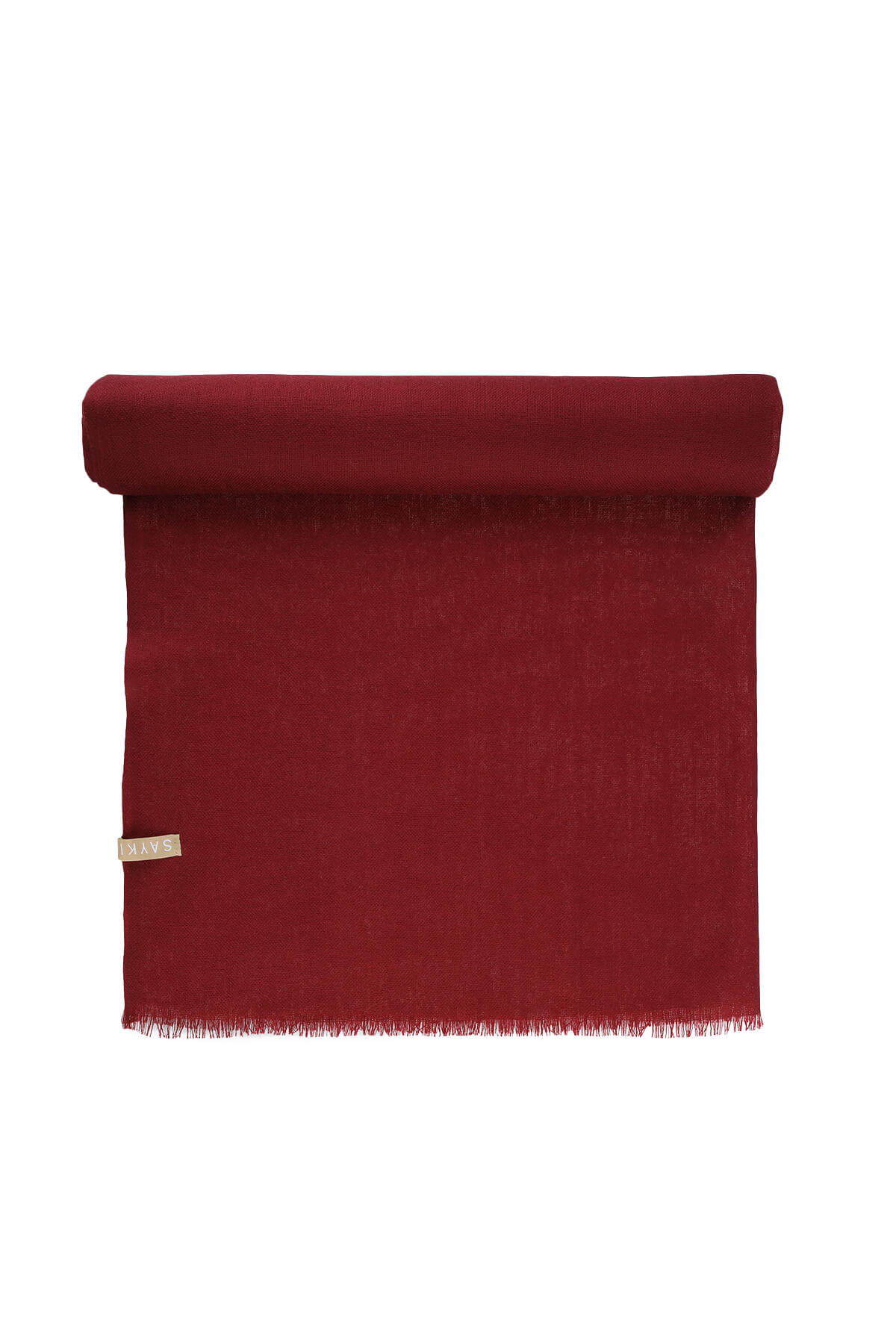 A rich burgundy woolen scarf with a soft, textured weave and neatly fringed edges.