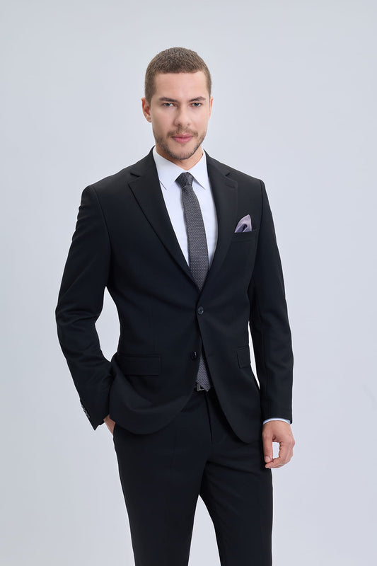 Muscle fit notch lapel black classic suit with subtle texture paired with matching tie and patterned pocket square