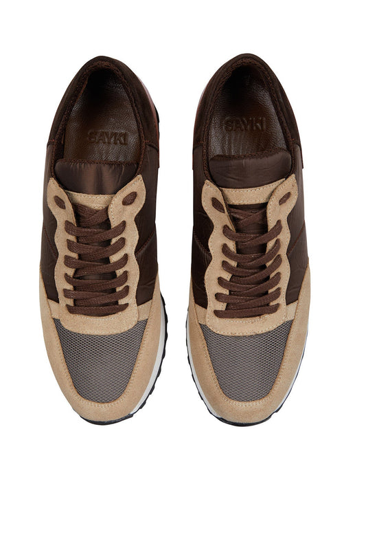 Brown and beige suede and mesh sneakers with a white rubber sole.