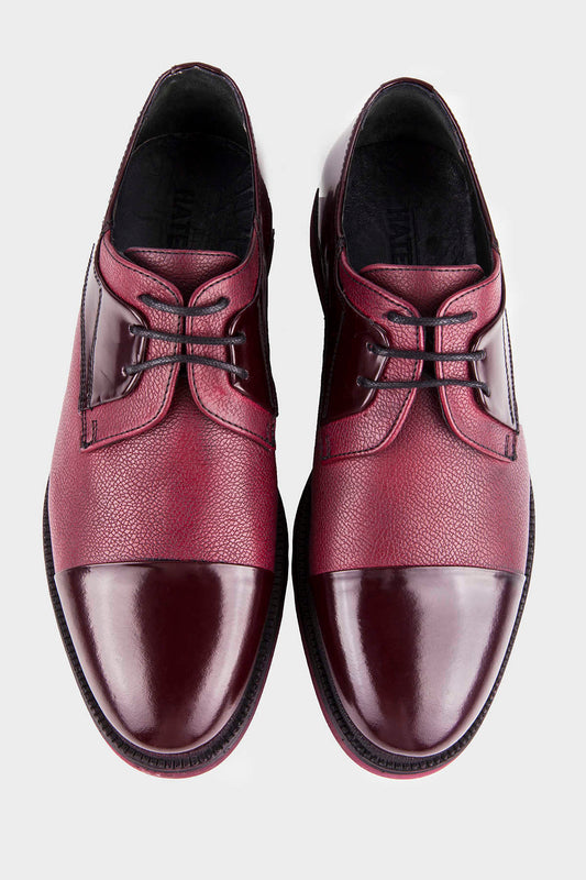 Casual 100% Genuine Leather Burgundy Lace-Up Shoes - SAYKI