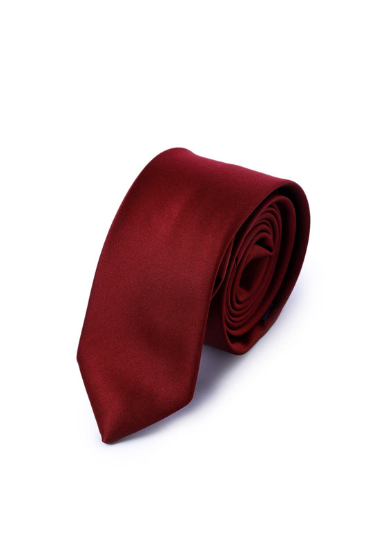 A sleek, deep red satin tie with a smooth, glossy finish.