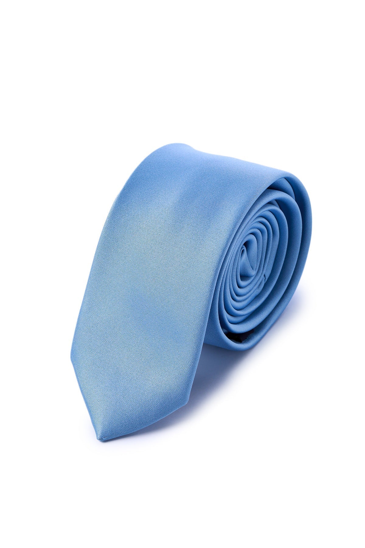 A neatly rolled light blue silk tie with a subtle textured weave.