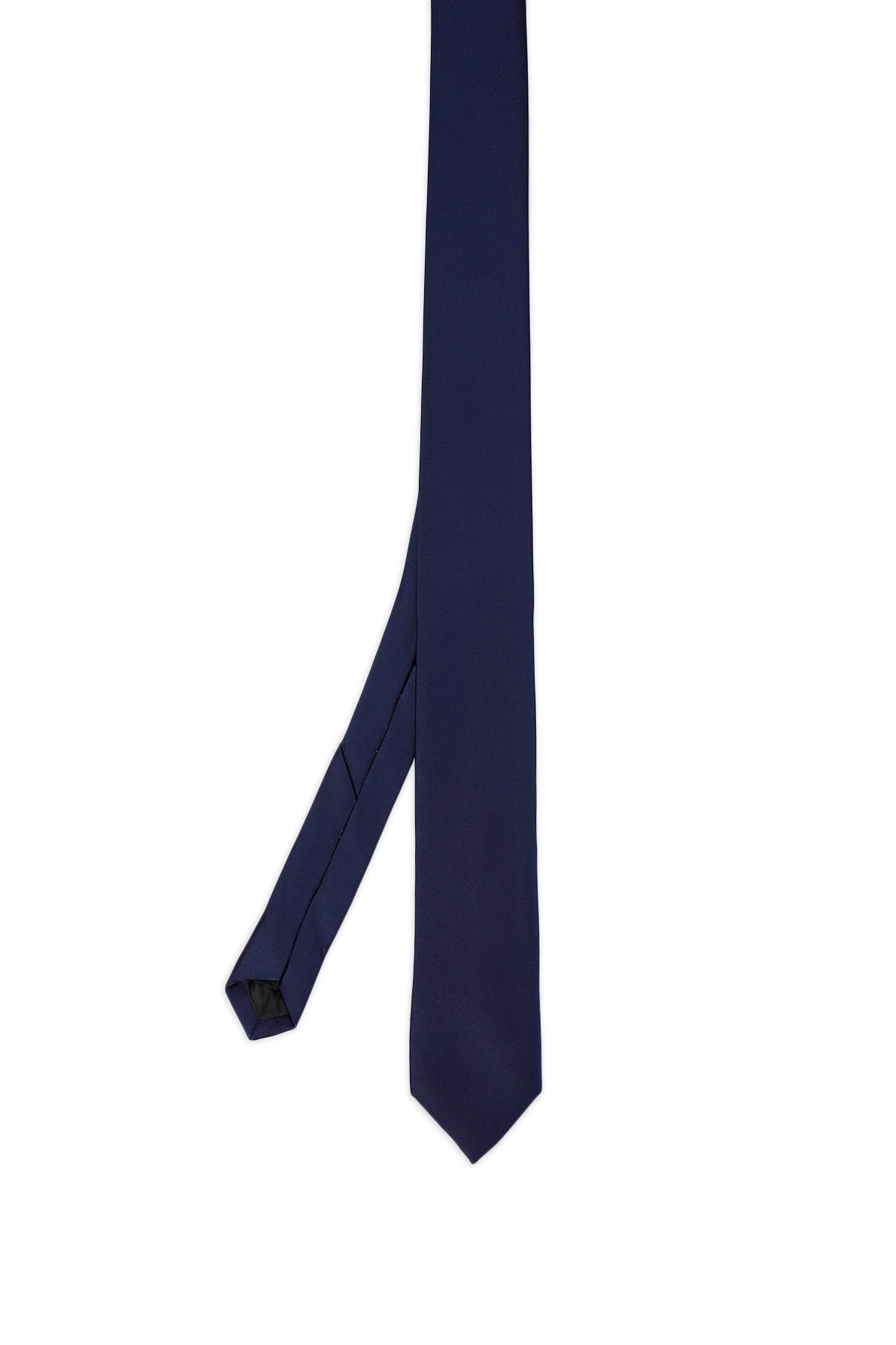 A sleek navy blue silk tie with a classic pointed tip and neatly folded ends.