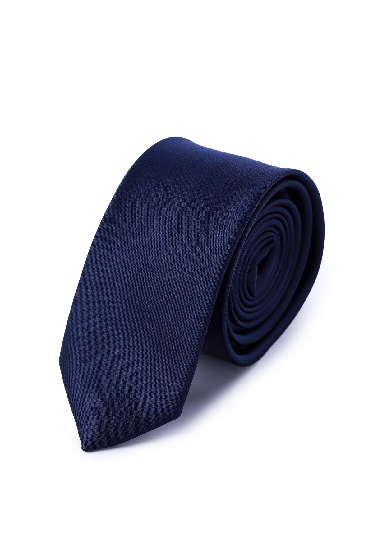 A sleek navy blue silk tie, neatly rolled and displayed against a clean white background.