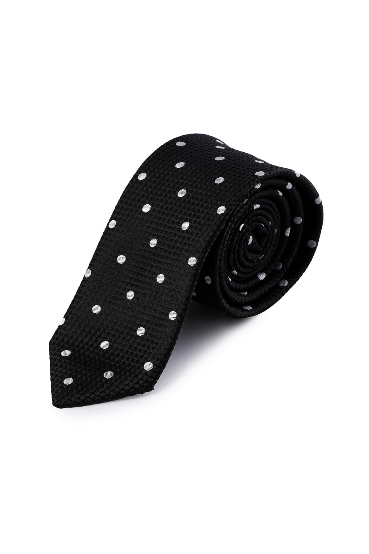 Black tie with white polka dots, made of textured fabric.