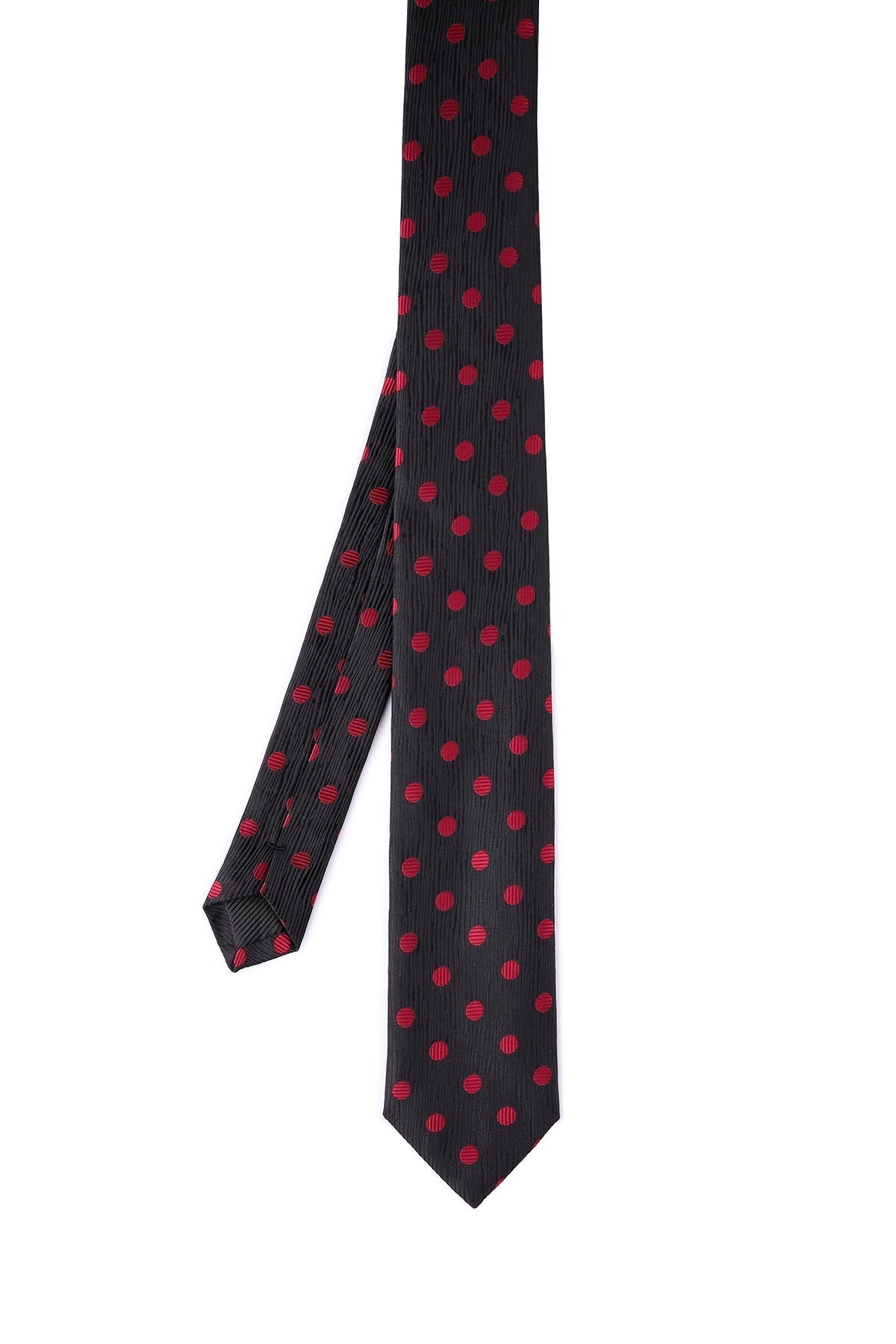 Black silk tie with evenly spaced red polka dots.