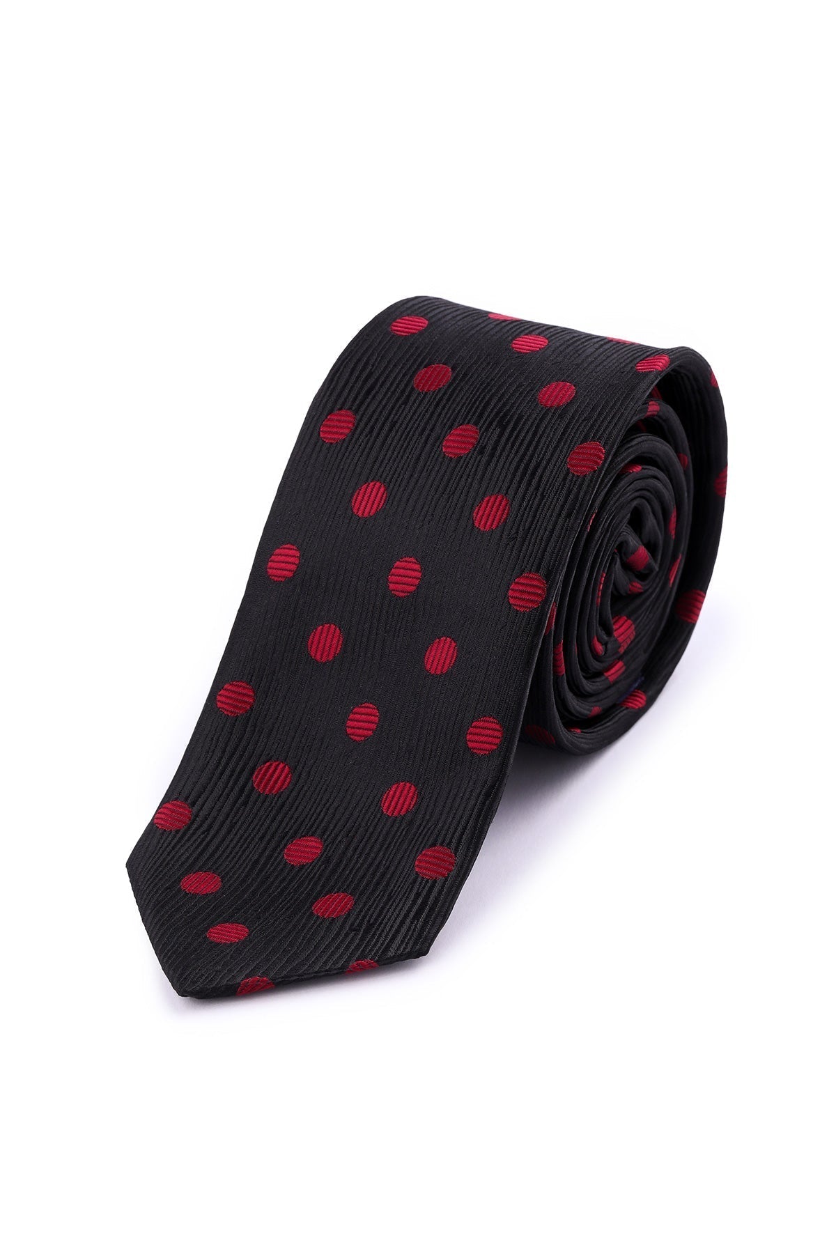 Black tie with red polka dots, featuring a subtle textured weave.