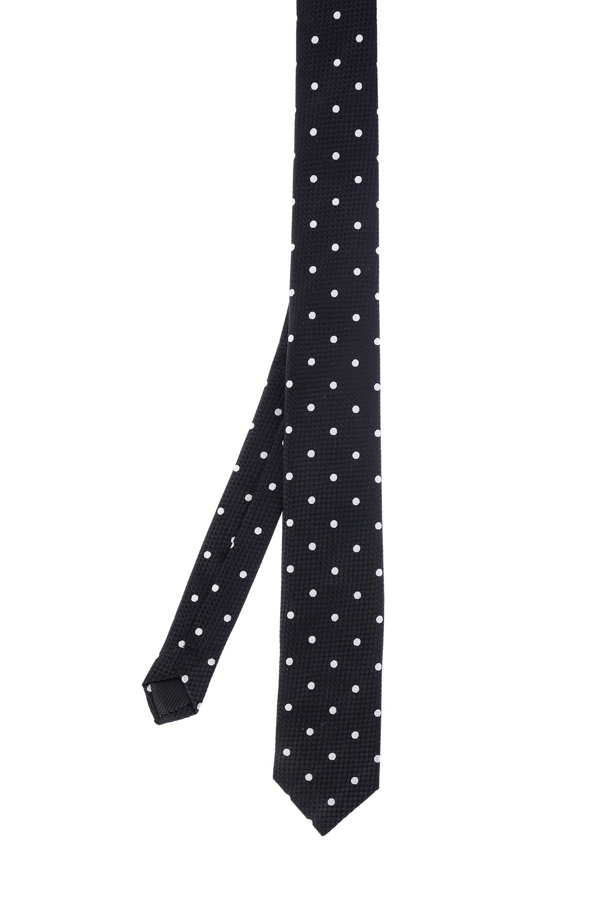 Black tie with white polka dots.
