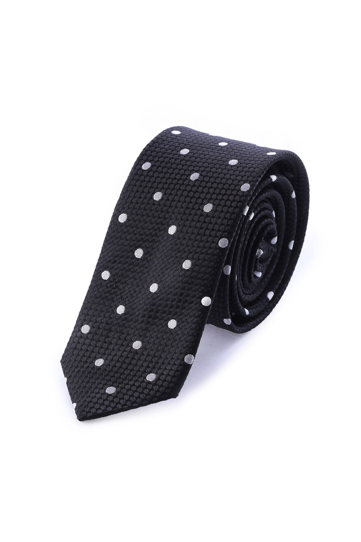 Black silk tie with white polka dots.
