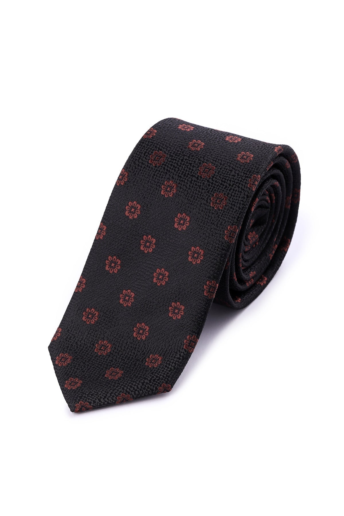 Black tie with subtle red floral pattern.
