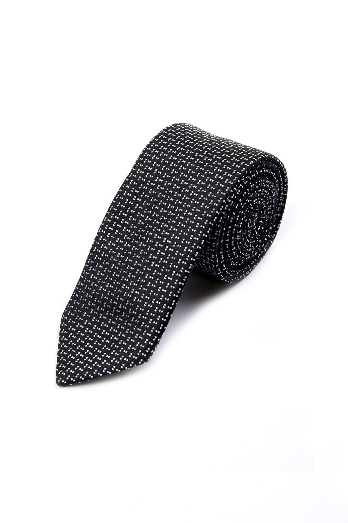Black tie with a subtle pattern of fine white dots.