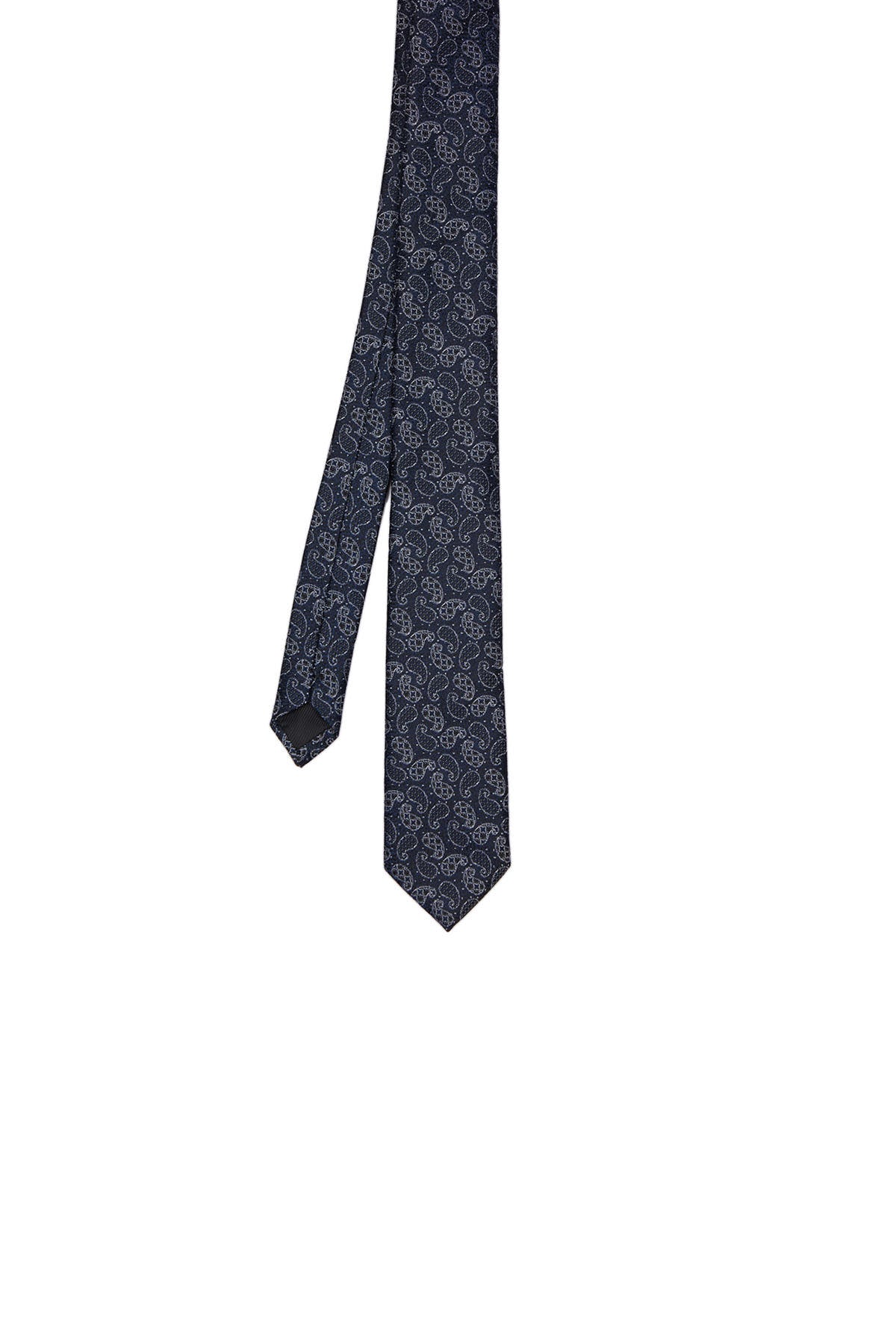 A navy blue silk tie featuring a subtle paisley pattern in lighter shades.