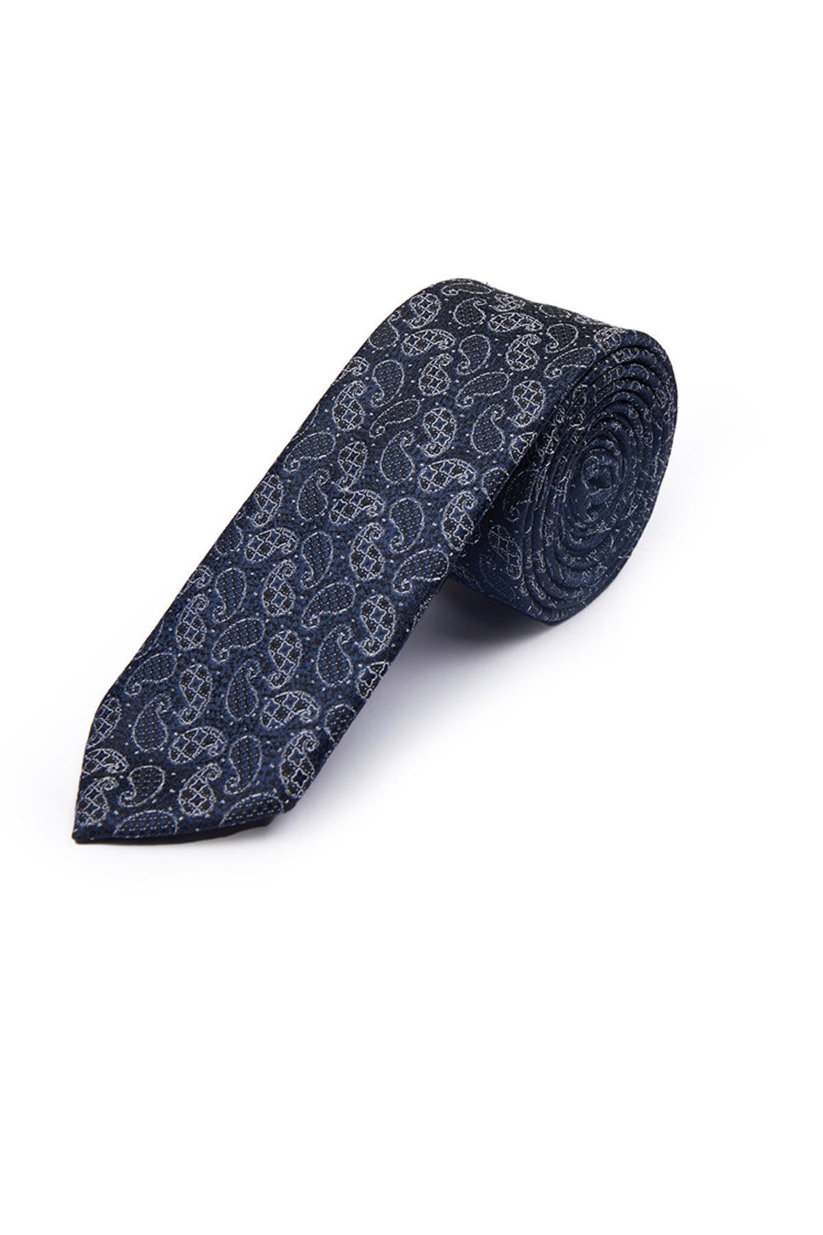 A dark navy tie with a subtle silver paisley pattern, crafted from smooth silk.