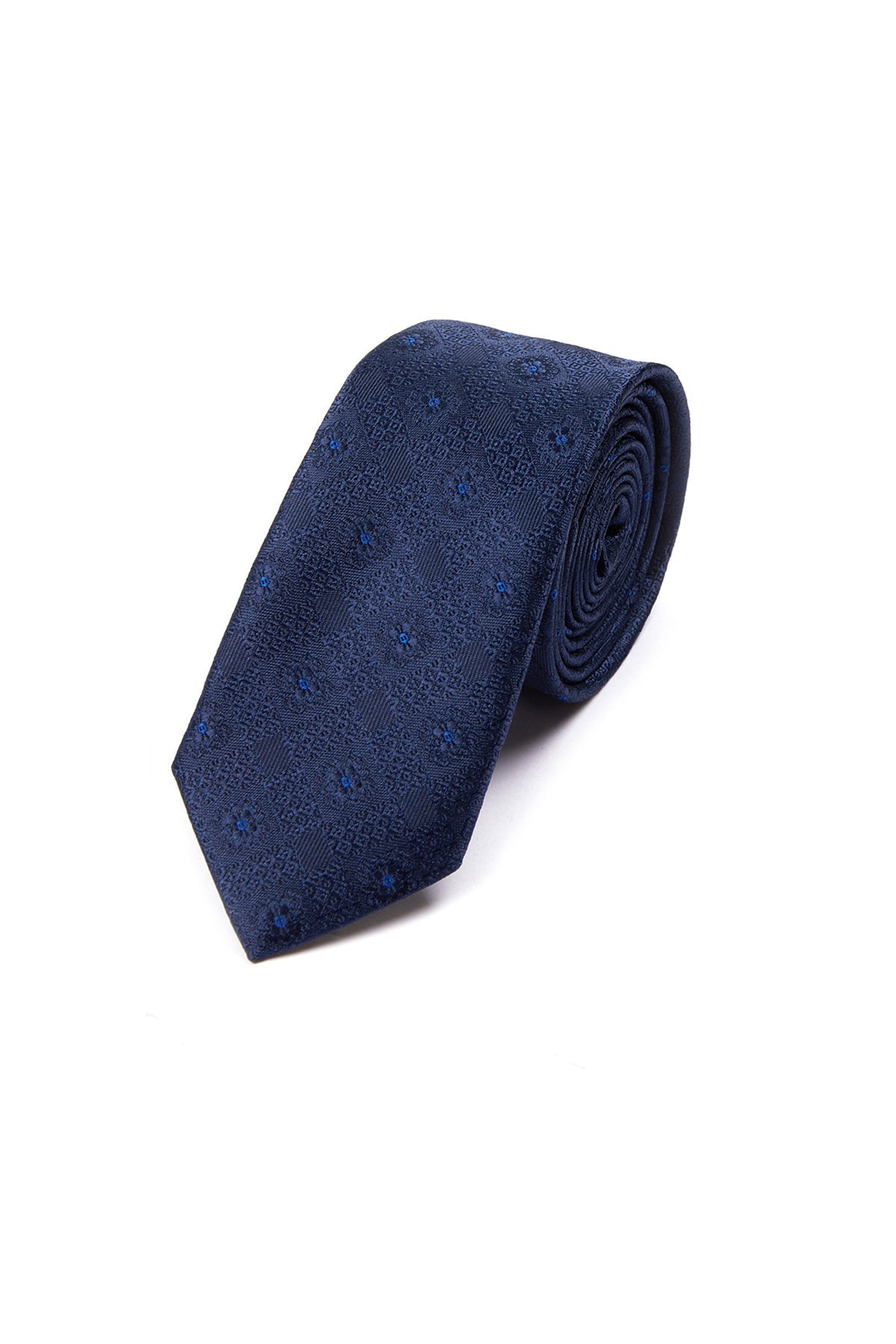 A navy blue silk tie with a subtle geometric pattern.