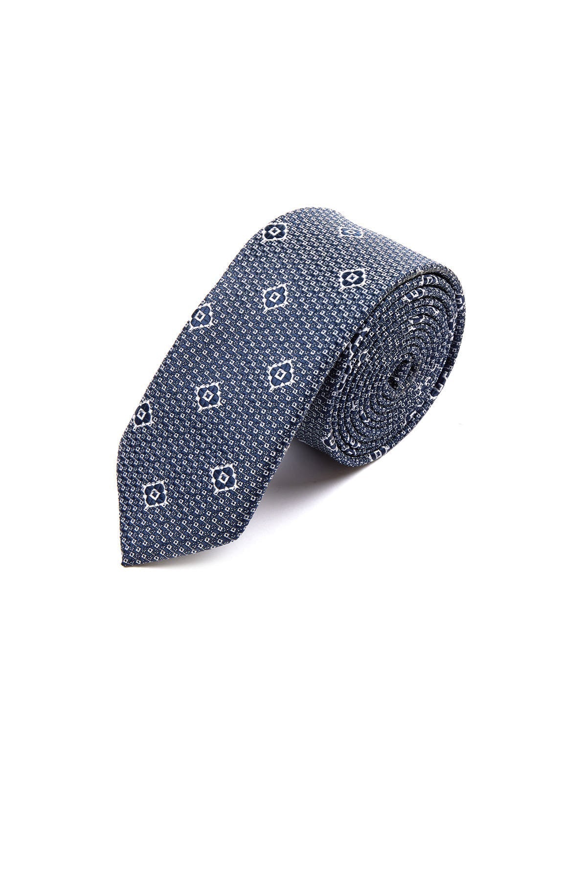 A navy blue silk tie with a subtle pattern of white geometric shapes.