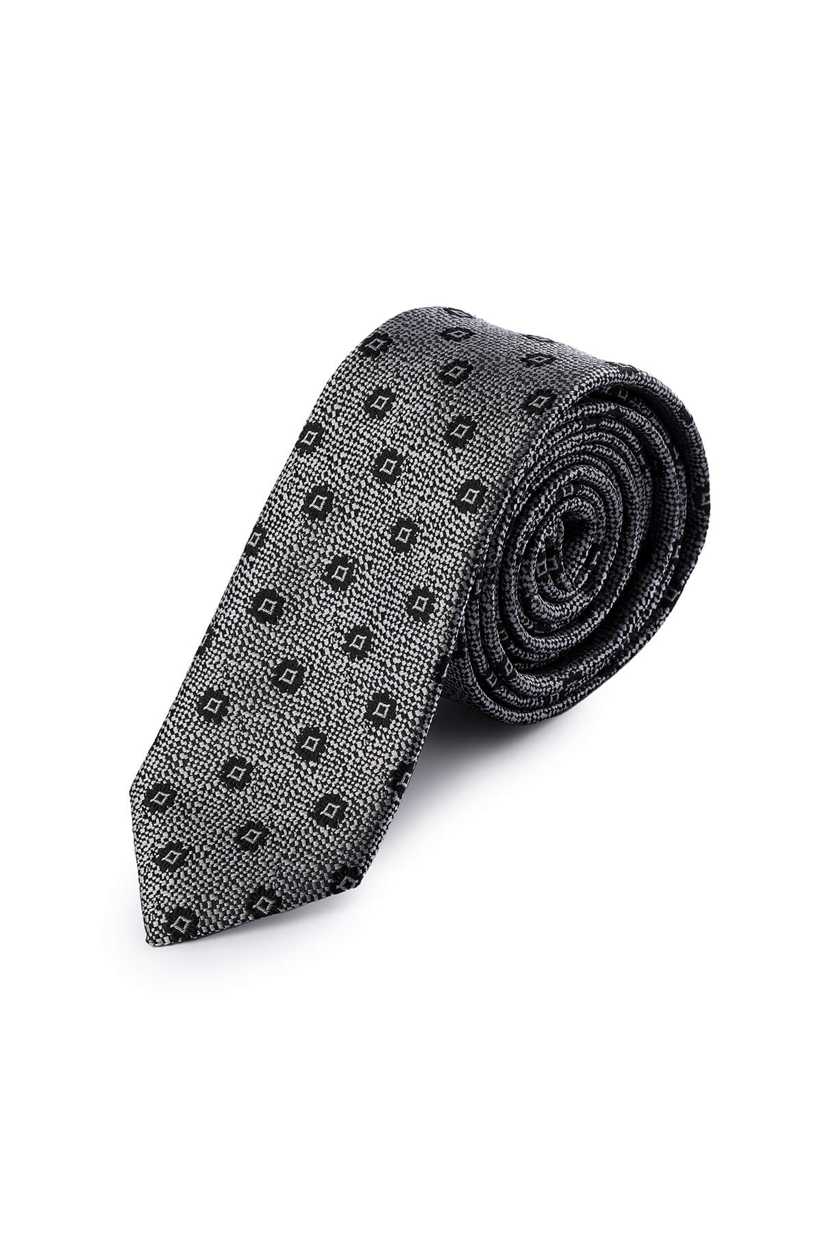 A sleek, dark gray silk tie with a subtle geometric pattern of black diamond shapes.