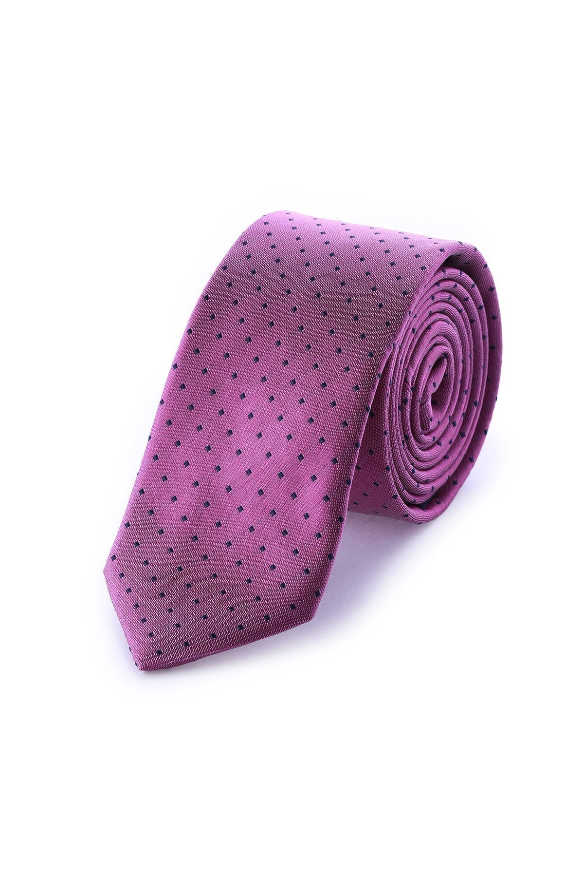 A neatly rolled, soft purple silk tie adorned with a subtle pattern of dark navy blue dots.