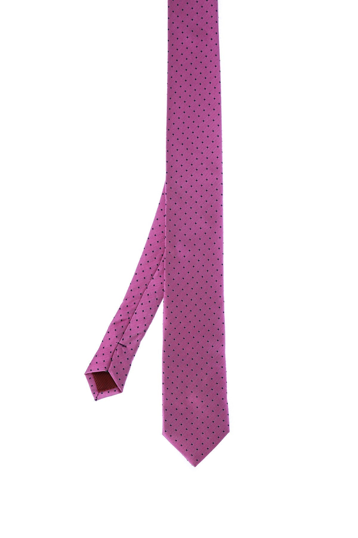 A vibrant magenta silk tie adorned with a subtle pattern of dark navy polka dots.