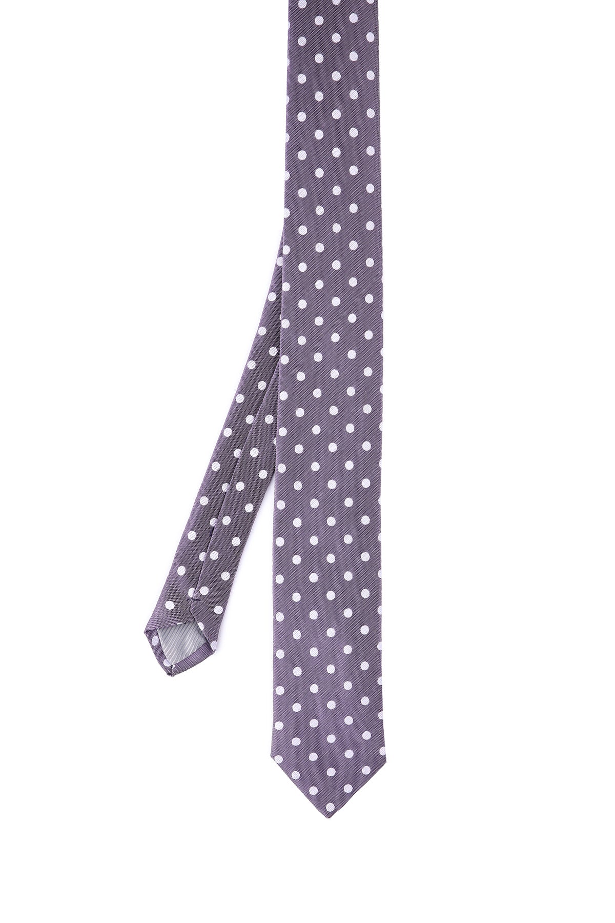 A sleek gray tie adorned with evenly spaced white polka dots, crafted from a smooth, elegant fabric.