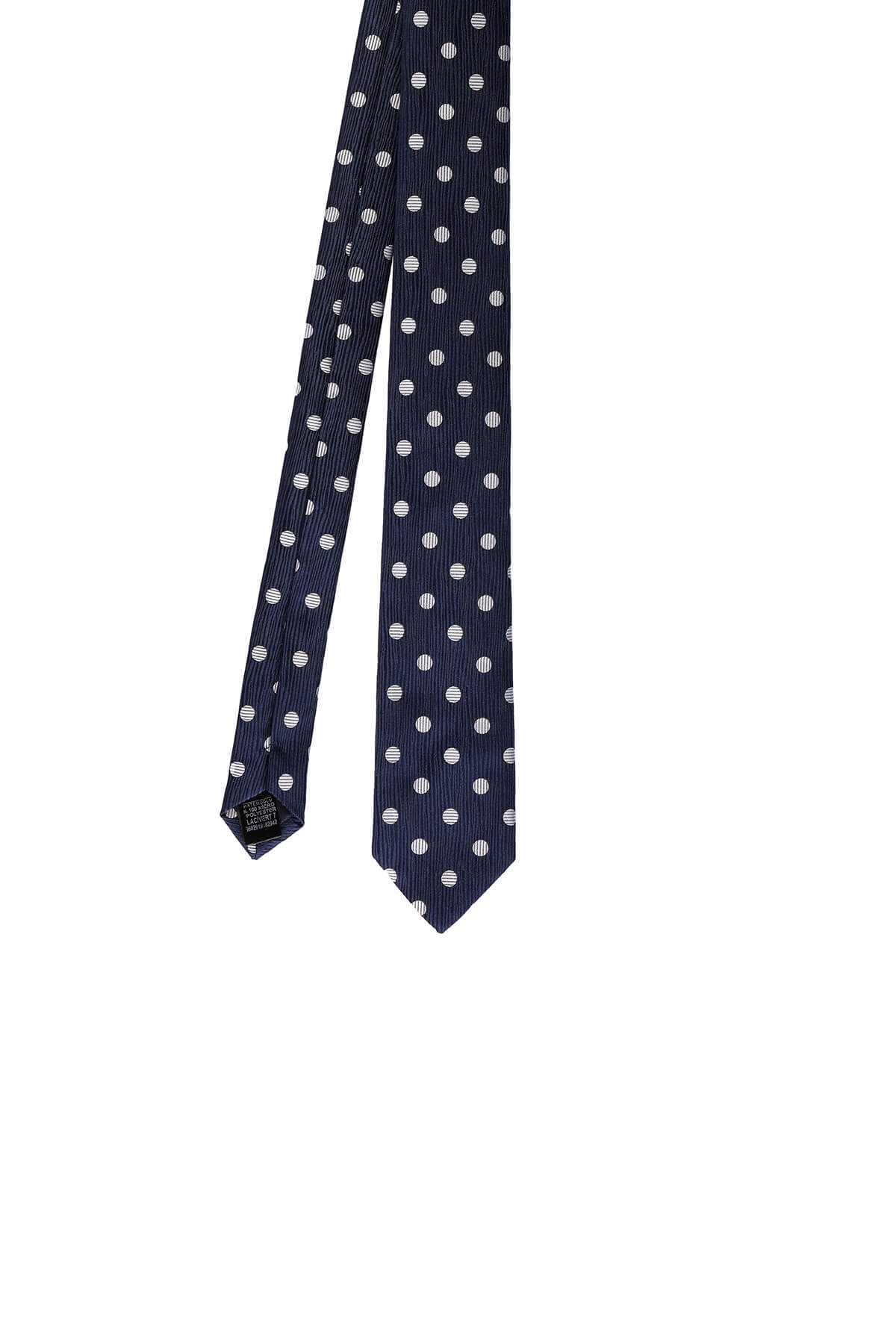 A navy blue tie with white polka dots and subtle vertical pinstripes.