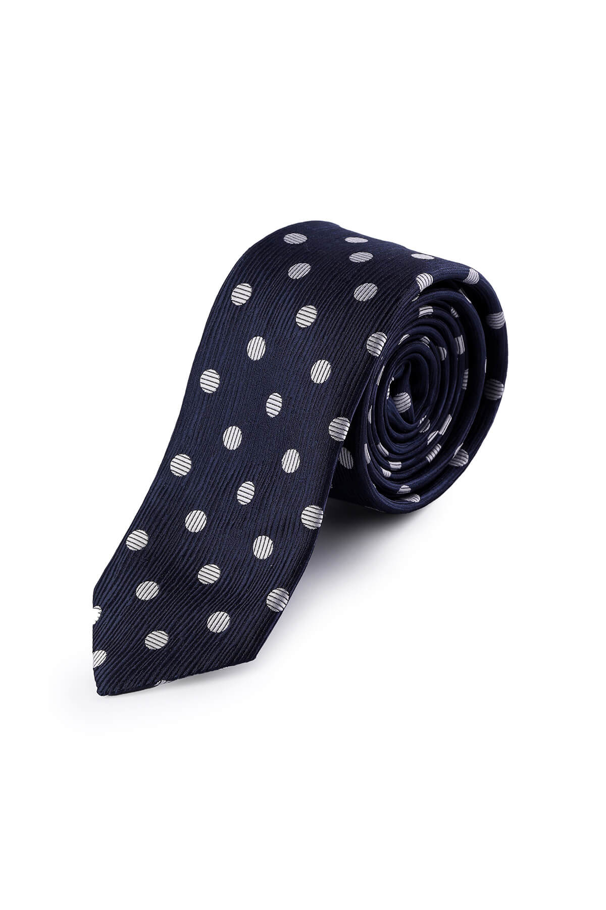A navy blue silk tie with a pattern of white polka dots.