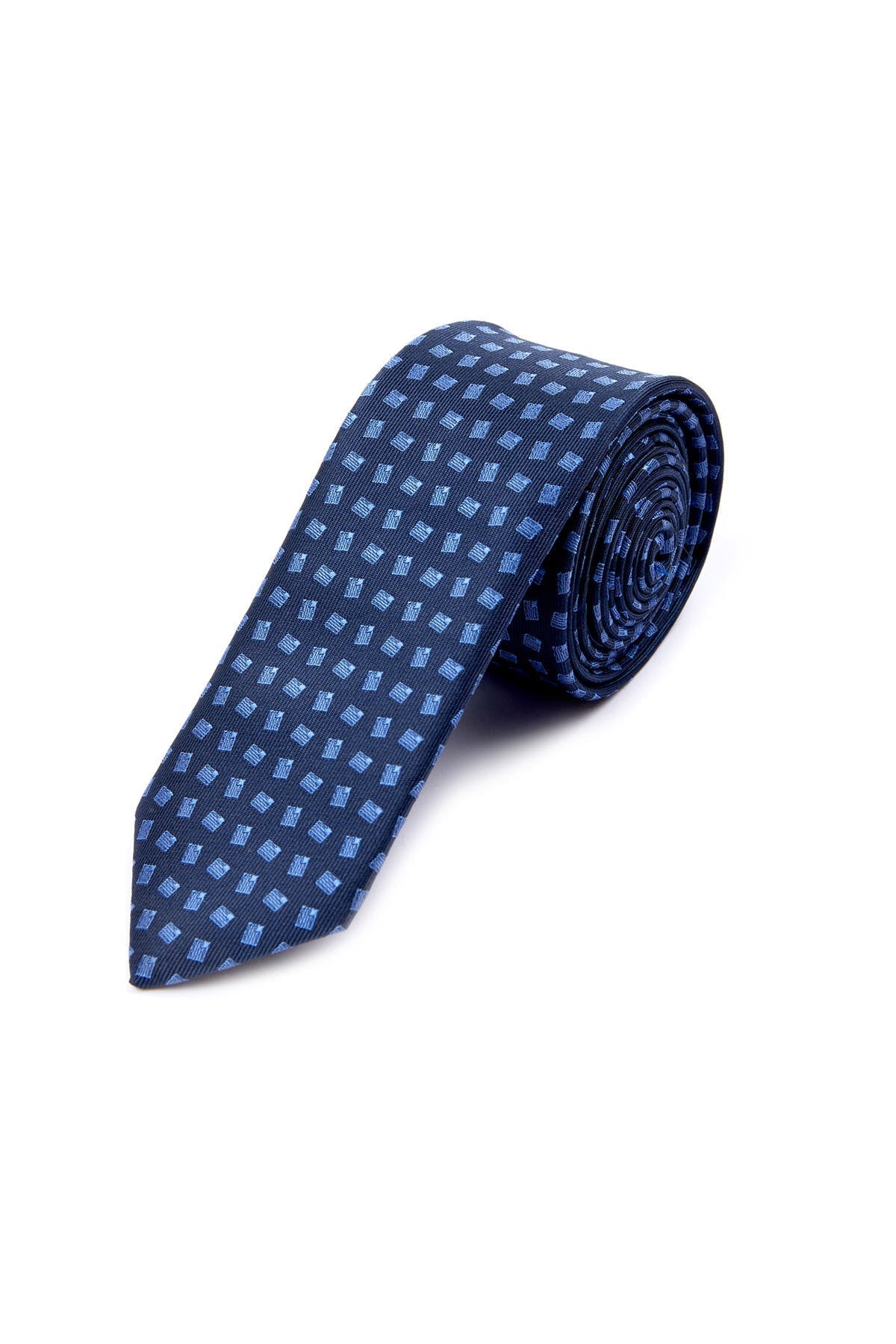 A navy blue silk tie with a subtle pattern of light blue geometric shapes.
