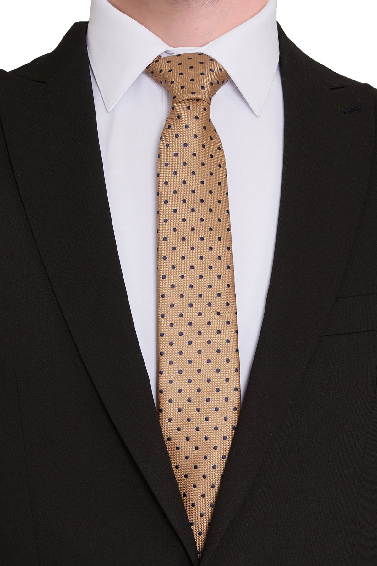 A tan tie with black polka dots, featuring a subtle textured weave.