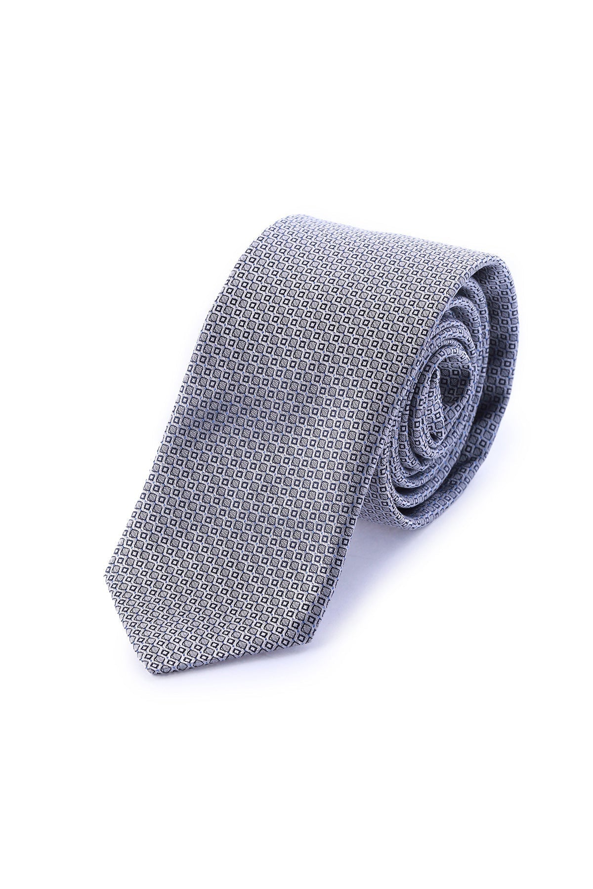 A neatly rolled gray tie with a subtle geometric pattern.