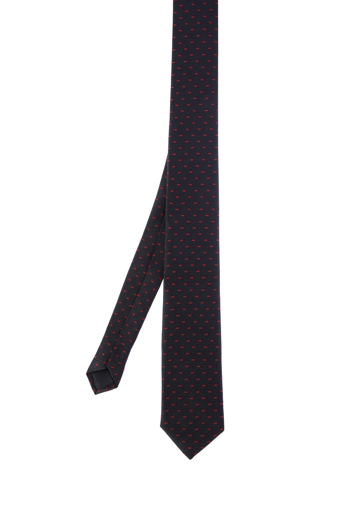 A sleek black tie with a subtle pattern of fine red dots, crafted from smooth silk.