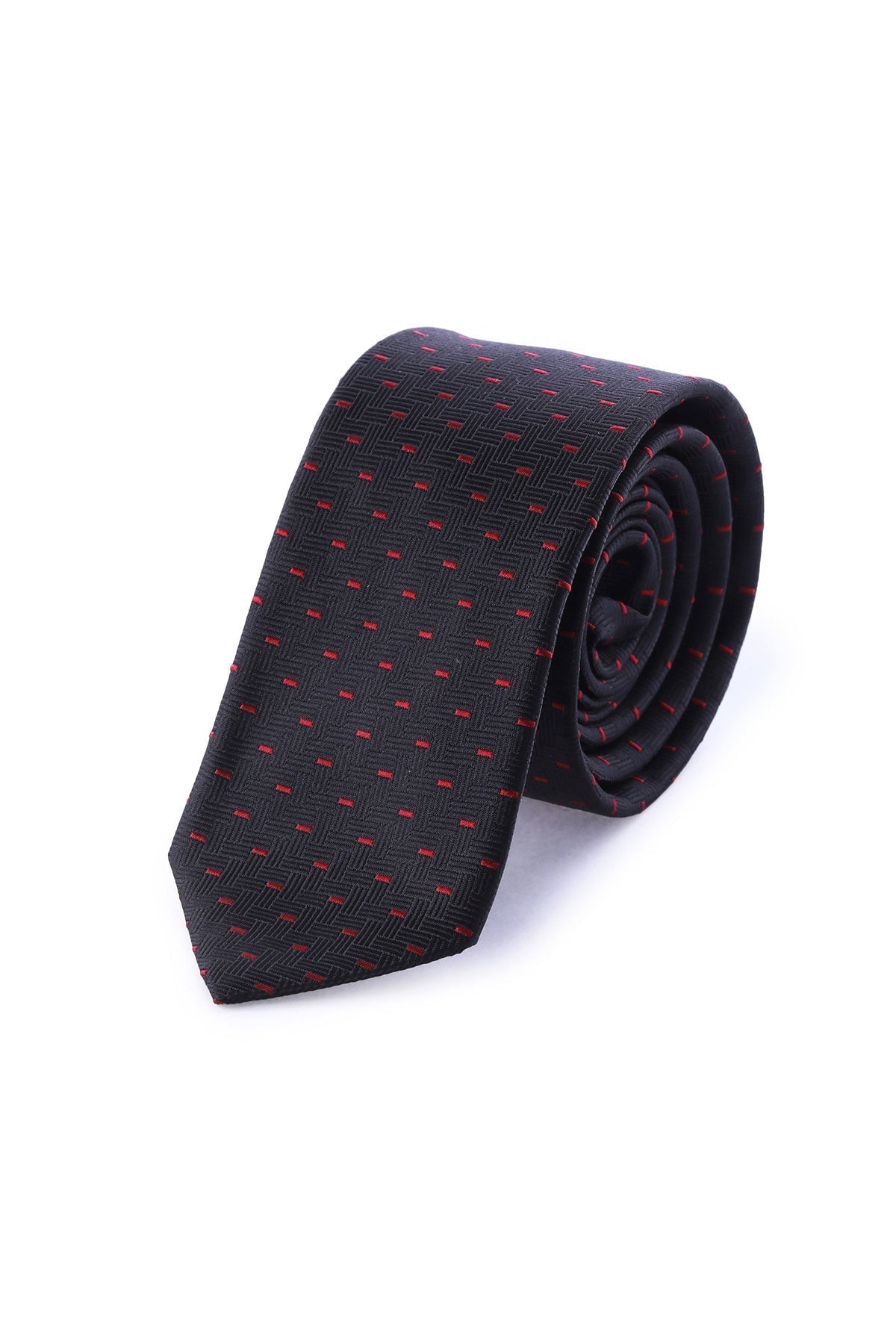 A sleek black tie with a subtle red geometric pattern, crafted from smooth silk.
