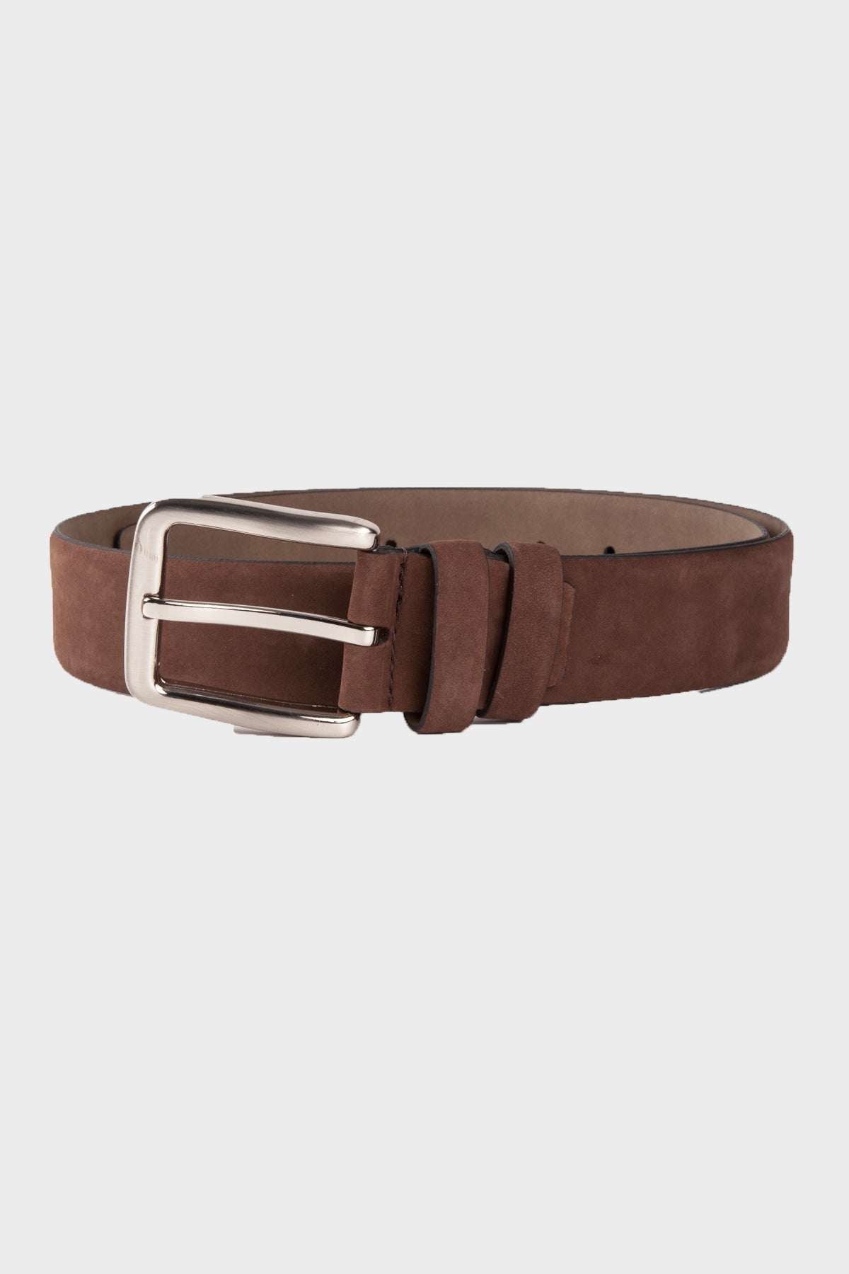 Brown suede belt with a silver-toned buckle.