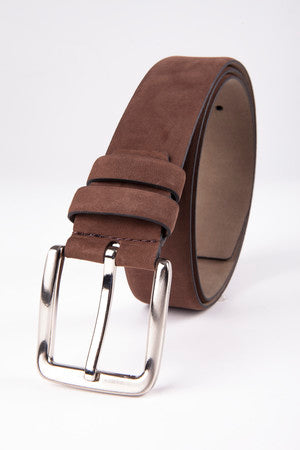 Brown suede belt with a silver-toned buckle.