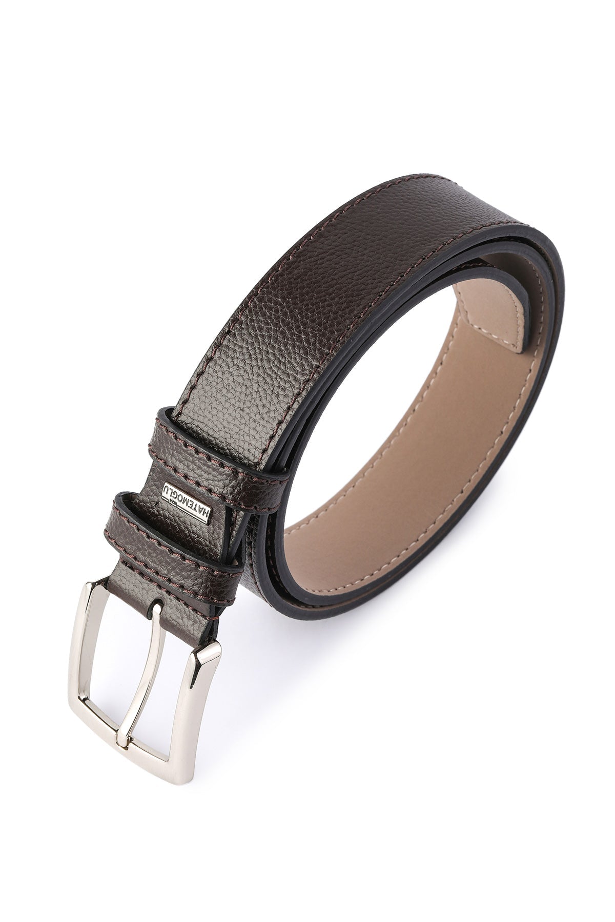 Dark brown textured leather belt with a silver-toned buckle and tan inner lining.