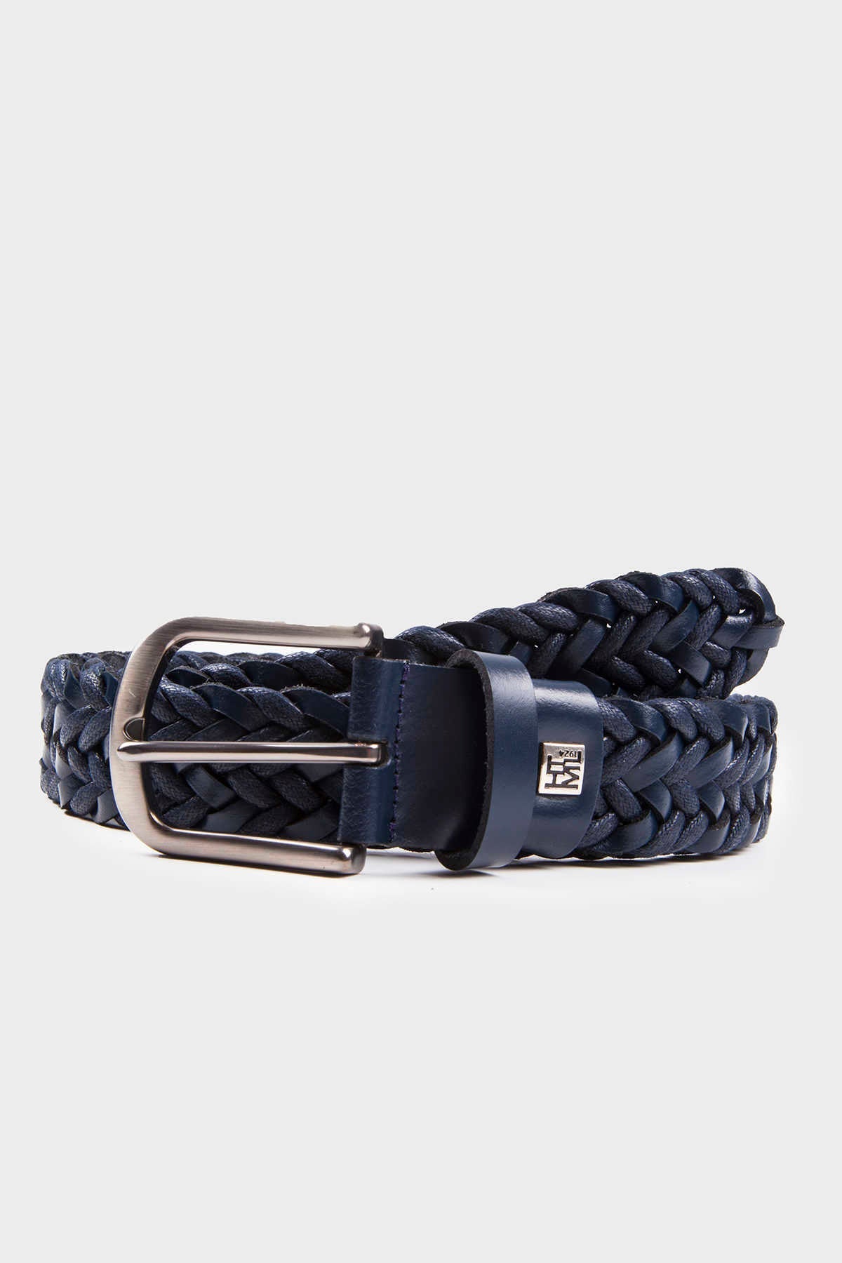 Navy blue braided leather belt with silver-toned buckle and a small rectangular brand tag on the keeper