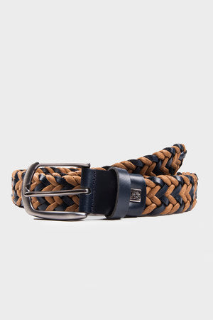 Brown and black braided leather belt with a silver-toned buckle.