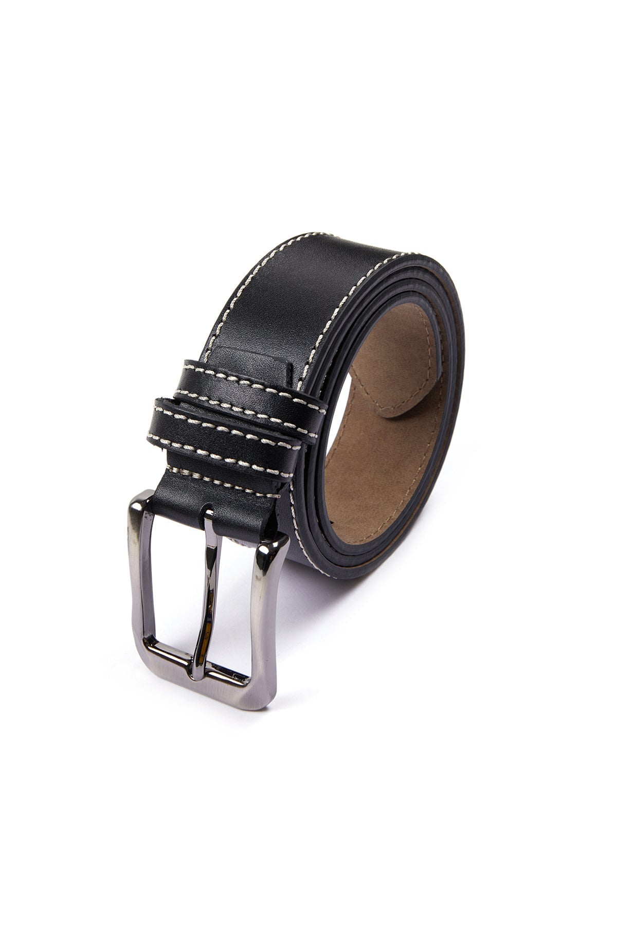 Casual Stitched Black 100% Leather Belt - SAYKI