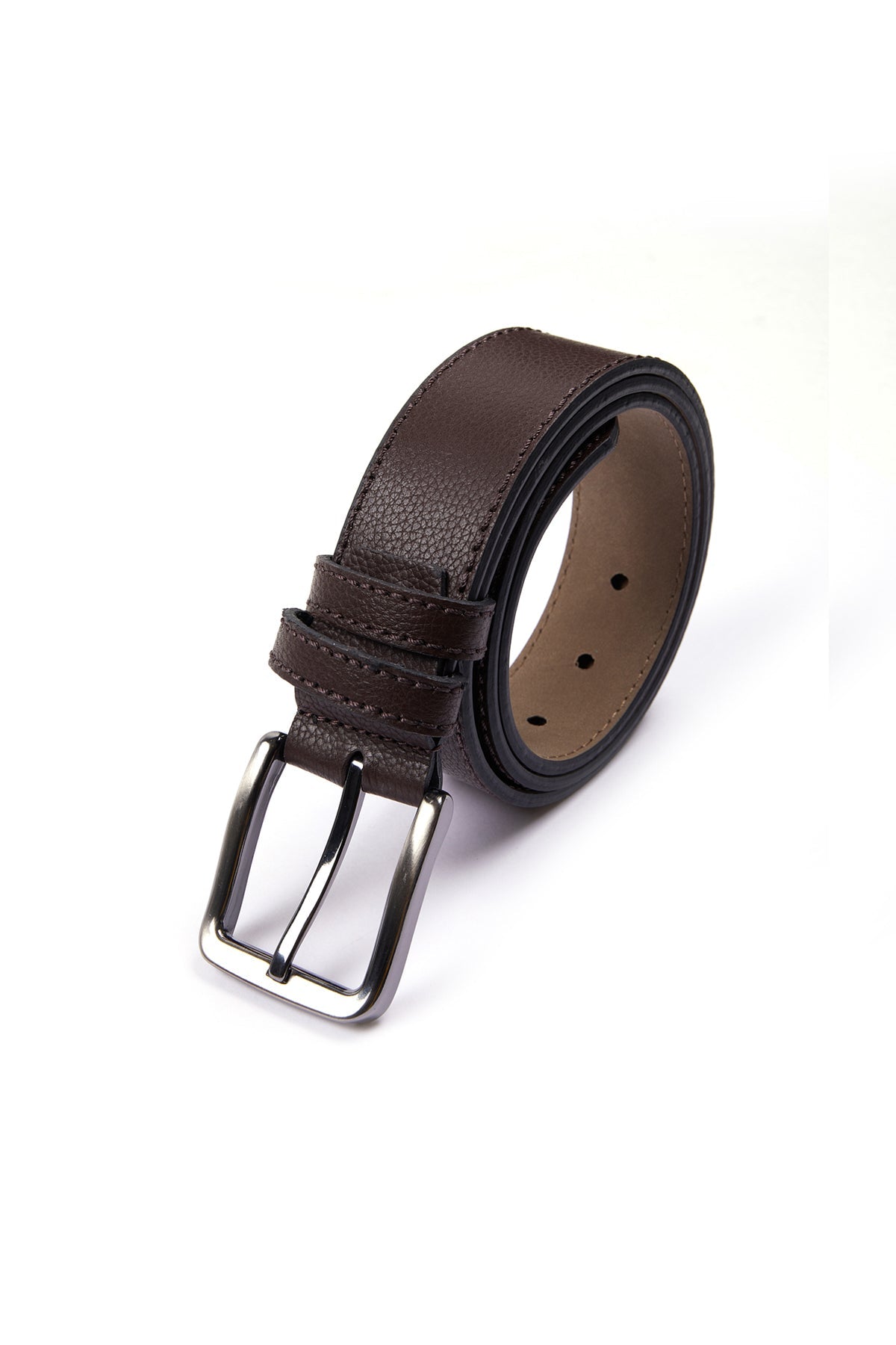 Brown leather belt with a silver-toned buckle.