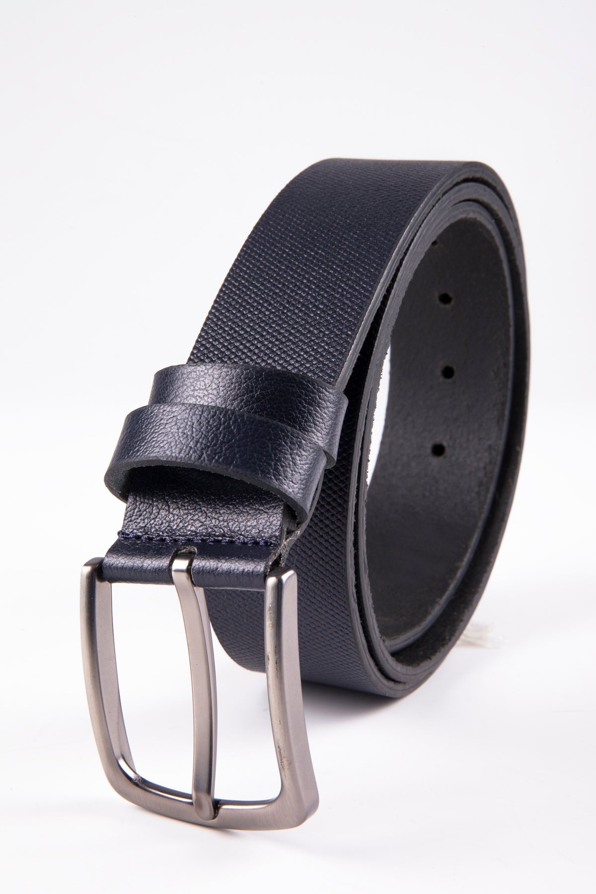 Black leather belt with a silver-toned buckle.