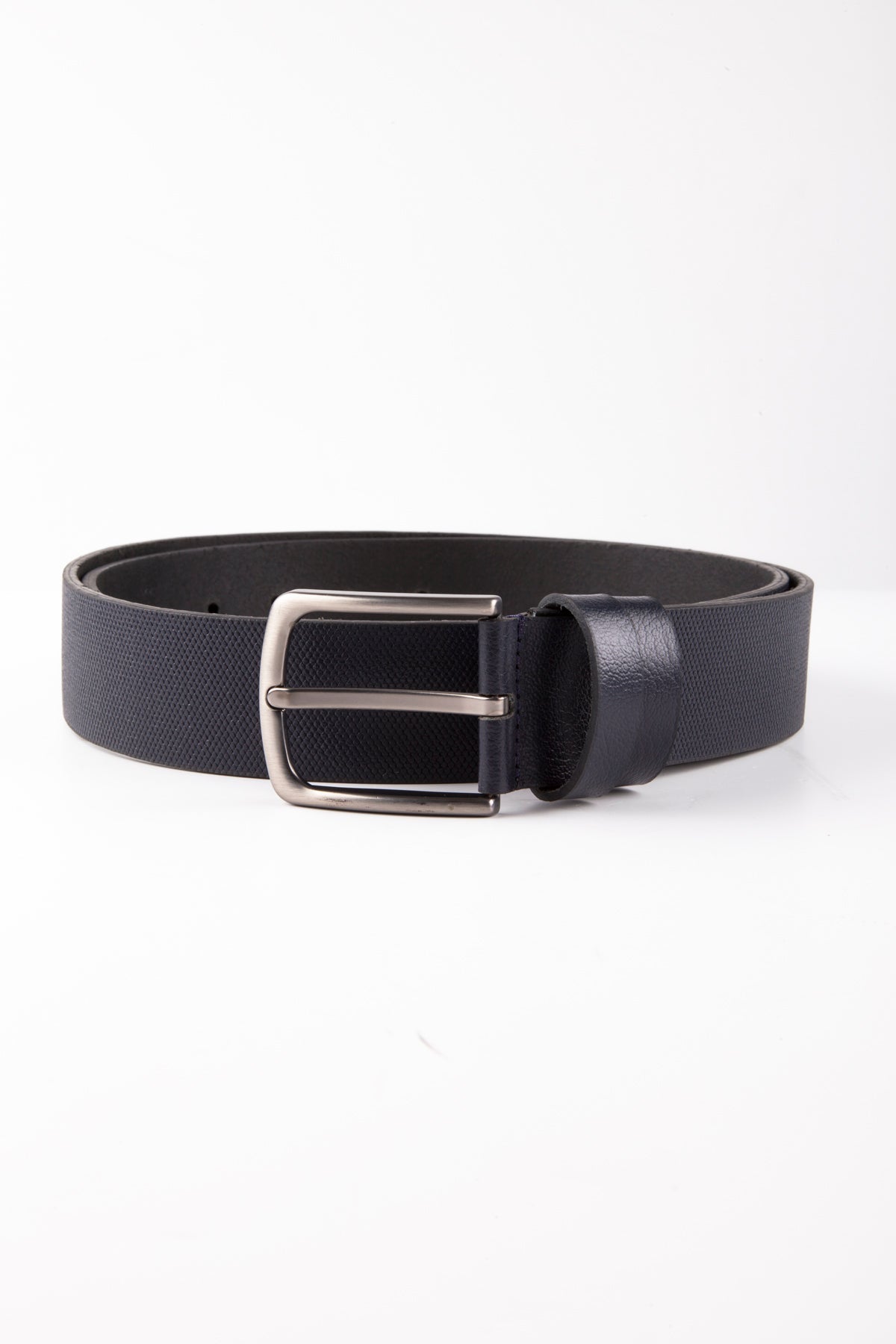 Black textured leather belt with a silver-toned rectangular buckle.