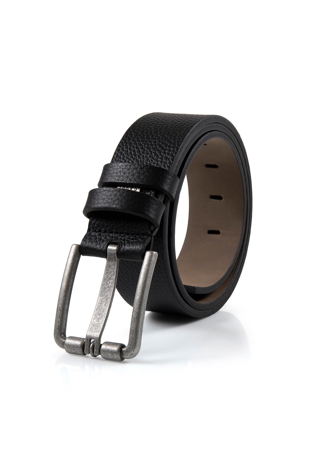 Casual Textured Wide Prong Black 100% Leather Belt - SAYKI
