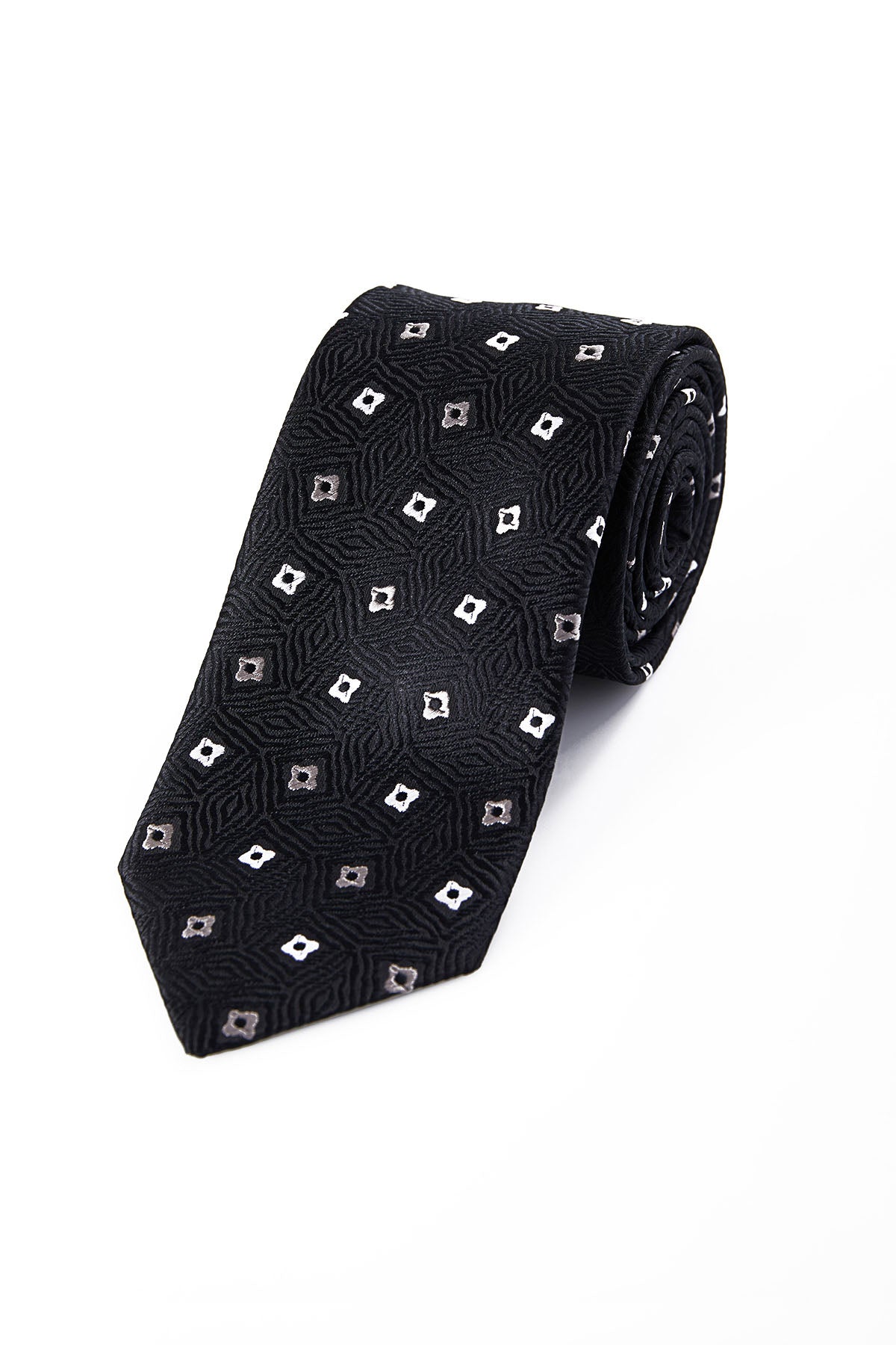 Black silk tie with a subtle geometric pattern of white and silver diamond-shaped motifs.